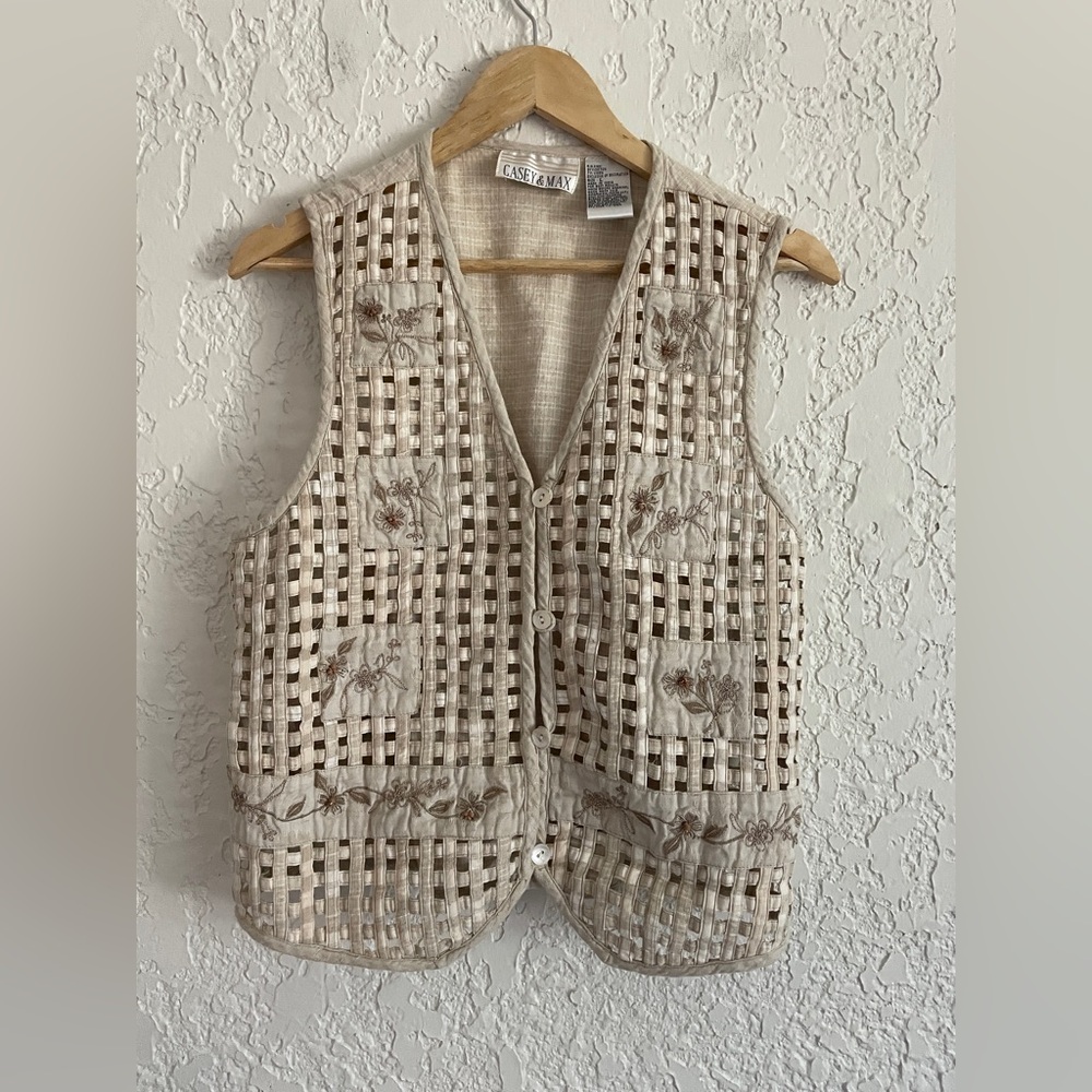 Casey & Max RARE Vintage 90s Basketweave Cottagecore Floral Cotton Linen Vest